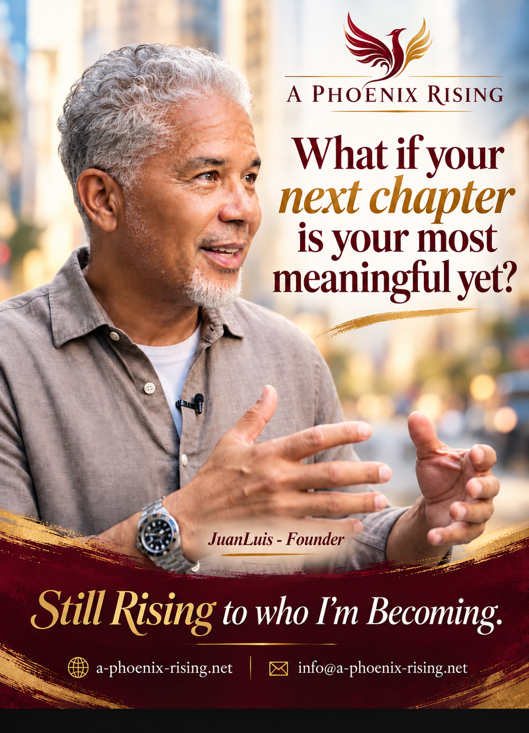 A Phoenix Rising Cheat Sheet cover featuring founder JuanLuis, with cream, burgundy and gold branding